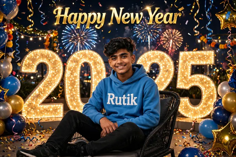 The 18-year- Indian old boy is sitting comfortably in front of large, lit up numbers that spell out 2025, with colorful fireworks and festive