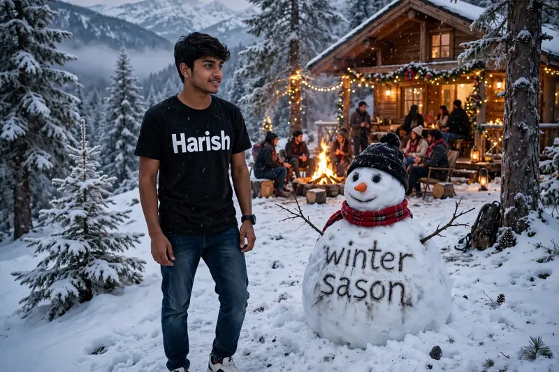 An 19-year-old indian boy is on a snowy mountain. The boy is wearing stylish jeans and sneakers, his T-shirt has “Harish” written in big letters