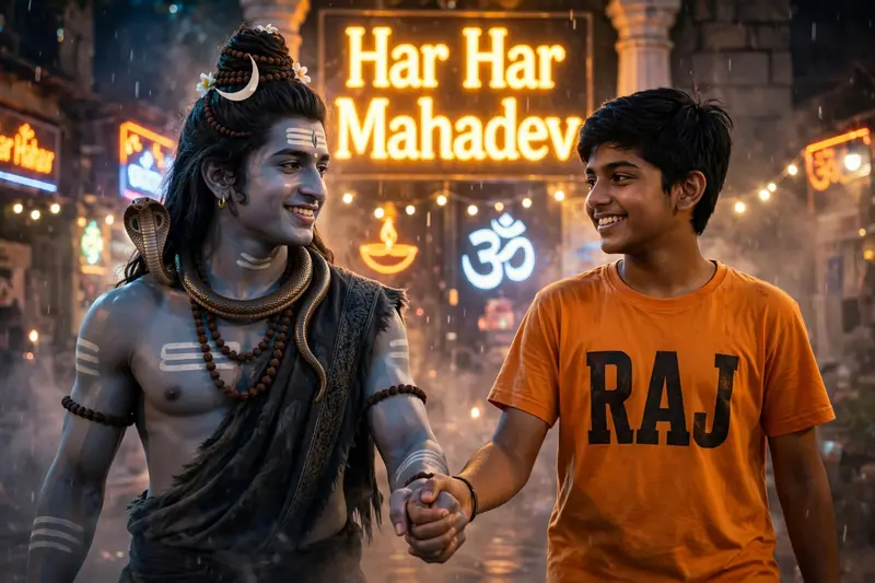 Create an illusion the 25 year old boy closeup of lord Mahadev holding hand walking with a 20 year old boy wearing a saffron tshirt written name ”