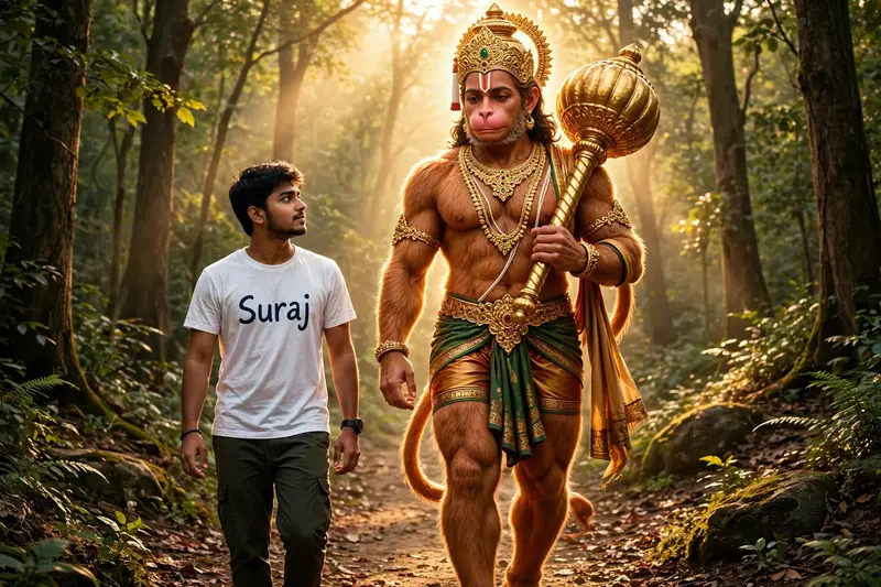 A realistic 22-year-old Indian boy with medium skin tone and short black hair walking beside a majestic and divine Hanuman Ji. The boy is dressed in