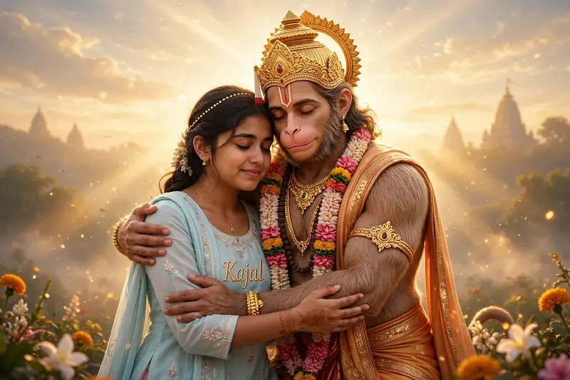 A touching moment of a 21-year-old Indian girl named Kajal hugging a compassionate Hanuman Ji. She is dressed in plain pastel-colored traditional