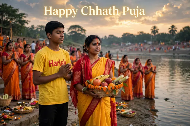 A 16 year old boy standing in the big riverbank and next to him an Indian mother standing on the big bank river and holding a decorated bamboo basket