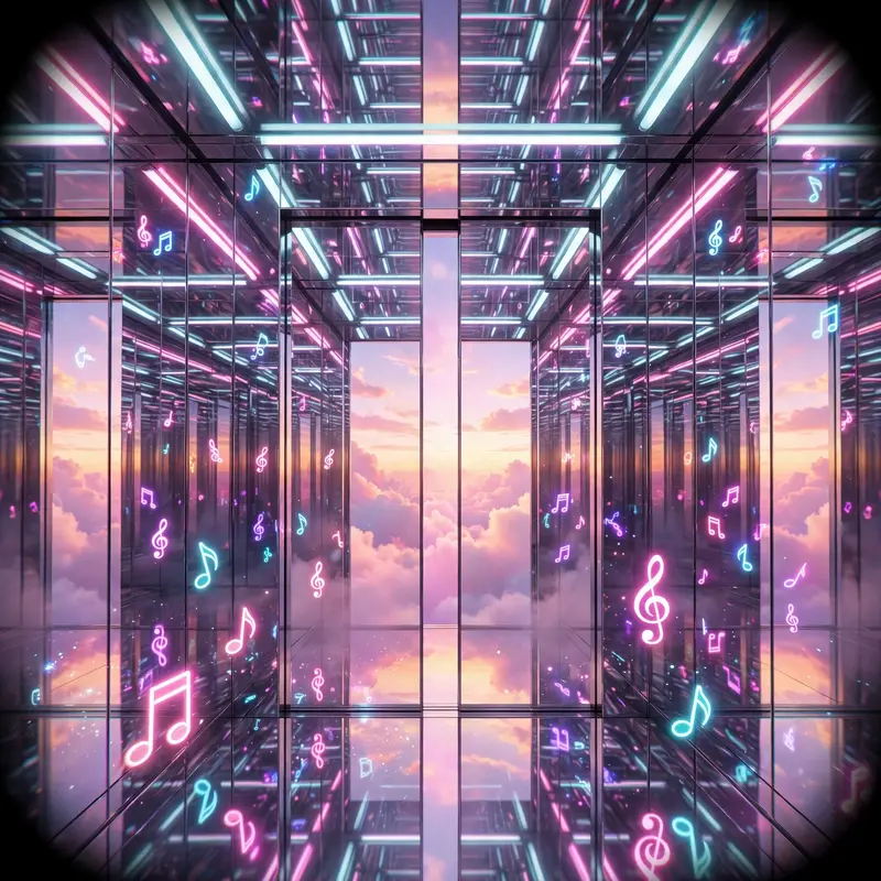 A mirrored elevator interior with infinite reflections, muzak notes floating as neon glyphs, doors opening onto a pastel sunset void, vaporwave