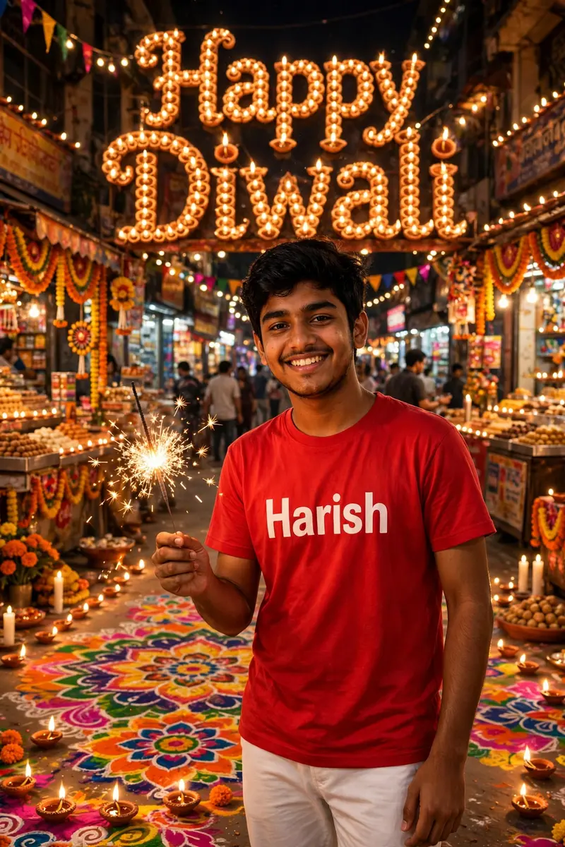"A realistic portrait of an 18-year-old Indian boy celebrating Diwali on an Indian street. He's wearing a bright red t-shirt with Harish written on