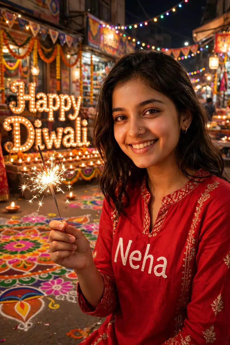 "A realistic portrait of an 18-year-old pretty indian girl celebrating Diwali on an Indian street. she's wearing a bright red kurti with Neha written