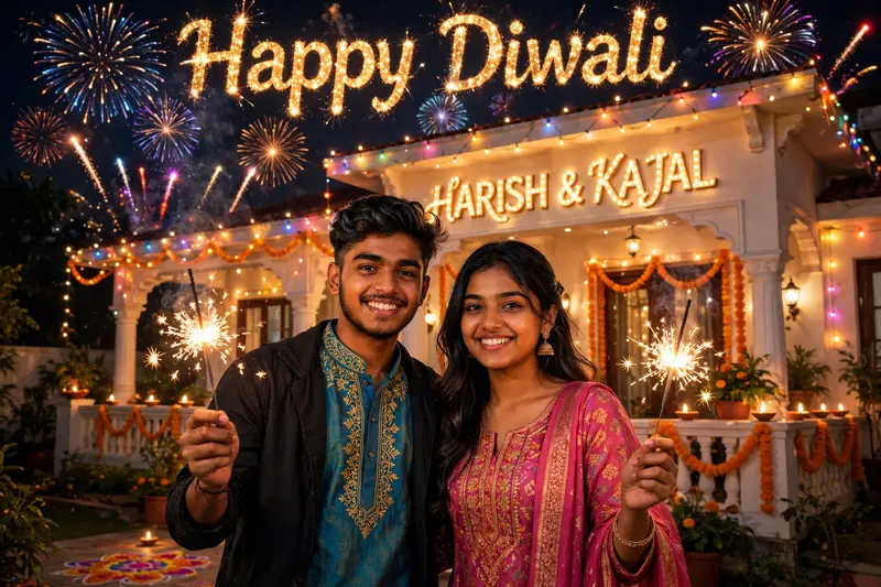 A real 18-year-old Indian couple is celebrating Diwali with sparklers in their hands in front of their beautiful house at night. Their house is