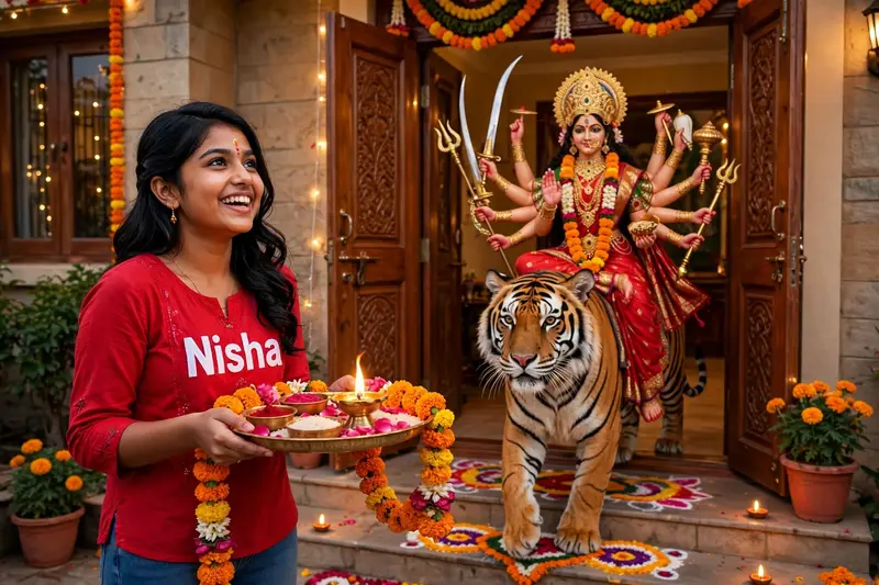 18 year old girl is standing near the main door of the house with Aarti thali and a flower garland in the plate, and from her door Devi Maa Durga is