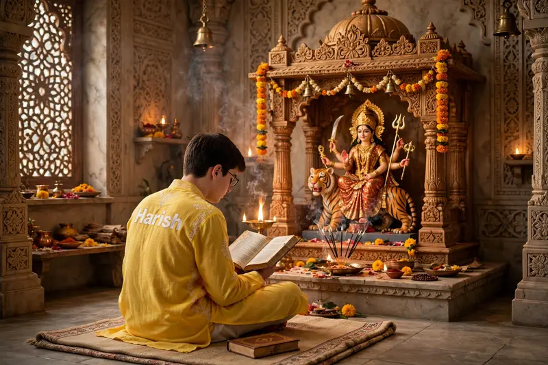3d illustration of image of 18 year old boy, sitting comfortably on the floor in his puja room, wearing a yellow kurta with "Harish" clearly written