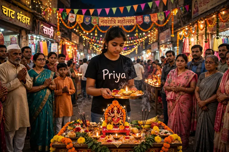 A Navaratri night scene in a bustling chowk. 18 old girl named Priya stands at the center, performing pooja before a small Durga shrine placed on