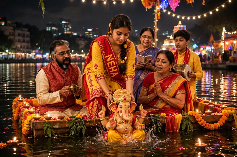 "Neha, dressed in a traditional yellow and red salwar kameez with 'NEHA' printed on a sash, stands on a decorated float in a city lake. The