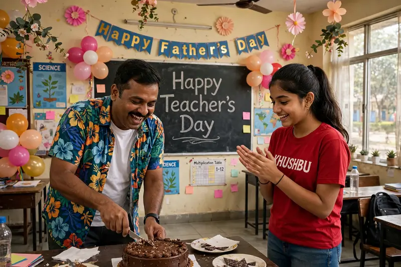 create realistic high quality image of a 16 year old Indian girl celebrating Father's Day , his father is cutting Cake with enthusiasm and girl