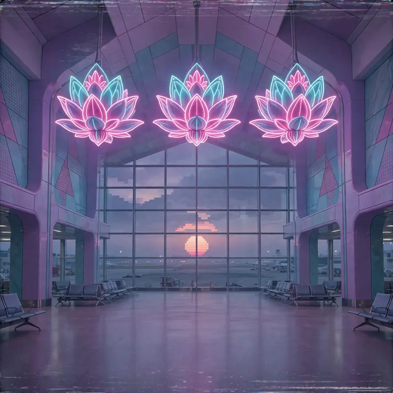 An empty airport terminal at dusk, giant neon lotus sculptures hanging from the ceiling, windows framing a pixel sun over the tarmac, vaporwave