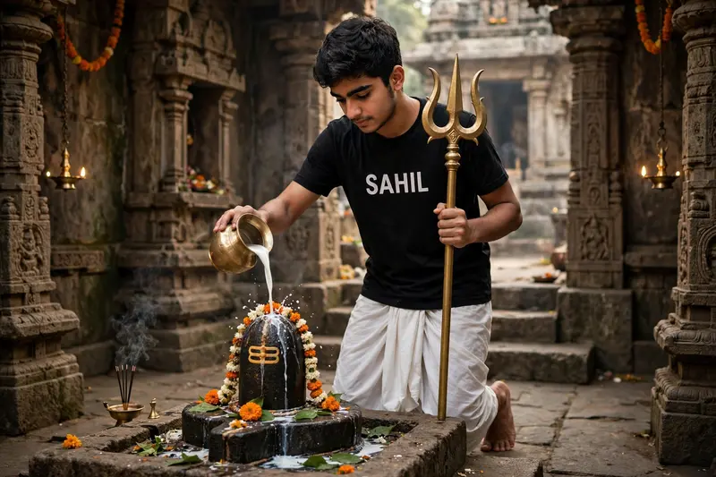 realistic Indian 19-year-old boy pouring milk on shivling inside an old temple and has trishul in his hand and "SAHIL" is written on the boy black