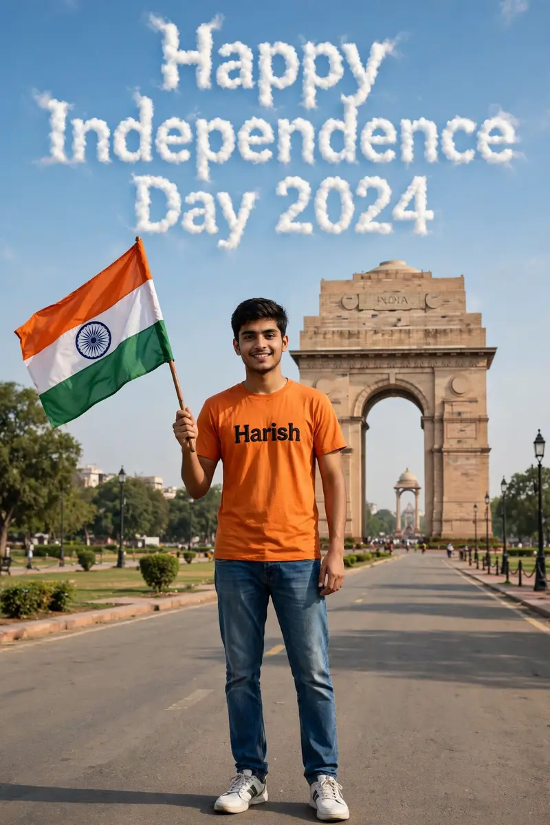 A real 20 years old boy, Wearing Orange T shirt blue jeans sneakers and the name "Harish" is written on his t-shirt and the boy is standing on the