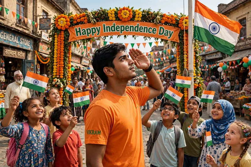 In a bustling town square, 18-year-old Vikram salutes the Indian flag as it's being hoisted. He's wearing a saffron t-shirt with "VIKRAM" embroidered