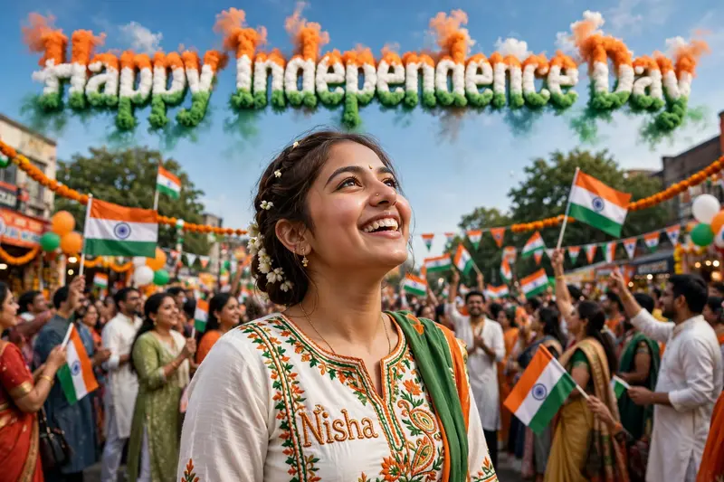 A real 20-year-old girl joyfully celebrates Indian Independence Day. she is wearing traditional Indian outfits with the name "Nisha" written on her