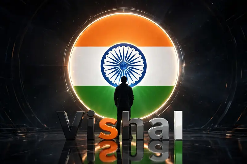 A silhouette of a person stands against a large, illuminated circle featuring the Indian flag colors (saffron, white, and green) and the Ashoka