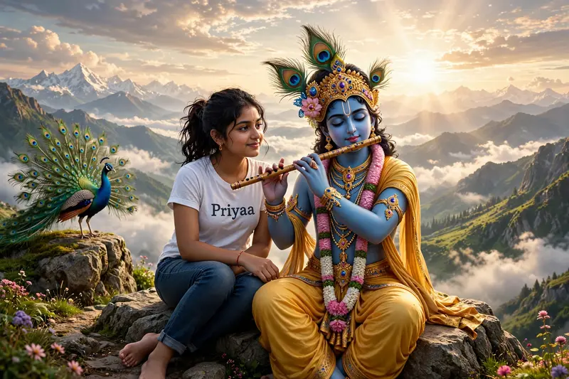 create a 3d image of 20 year old Indian Girl who is sitting next to krishna ji and Krishna ji playing the flute, they both sit together on the