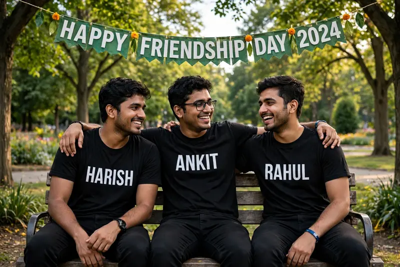 Real 20 year old Friend Named Harish, Ankit, Rahul and they are wearing Black color T-shirt and pant, name written in white bold font on their