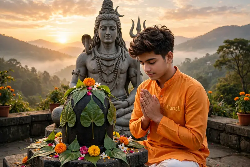 A 20 years old boy, is seated and praying in front of a Shivling adorned with flowers and belpata (green leaves). Behind him, there's a Statue of