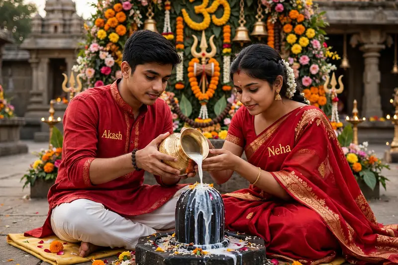 A young couple, both 20 years old, is seated, reverently pouring milk from a golden kalash over a Shivling with both hands. In front of them stands a