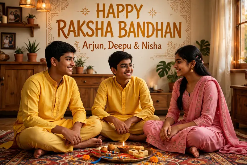 Two young boys, ages 16 and 18 are celebrating Raksha Bandhan with their 15-year-old sister. The girl wear matching pink salwar kameez outfits, while