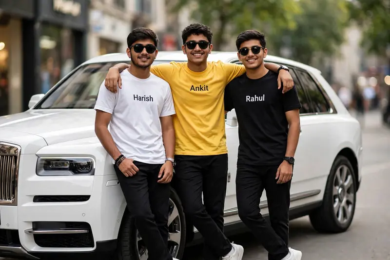 Three real indian 18 year old Indian boys friends are standing leaning against a white super luxury car, and all three are wearing different white