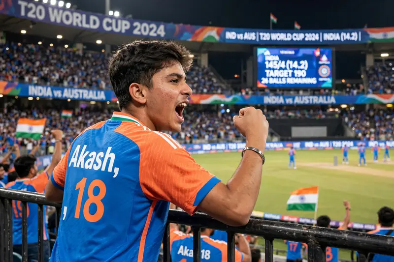 18 year old boy seeing India vs Australia T20 world cup in the cricket stadium and cheering Team India, boy looking ahead stands against railing