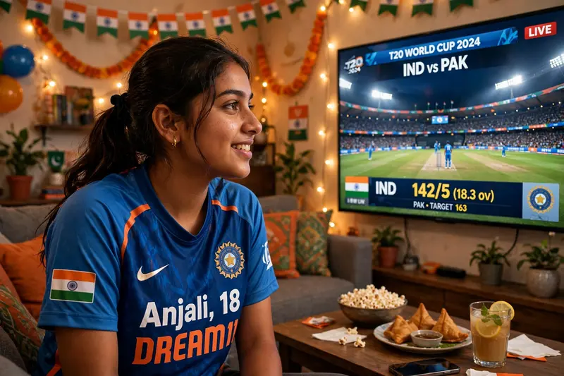 create a realistic image of 18 year old healthy girl watching India vs Pakistan T20 world Cup on big screen in a decorated room, girl wearing indian