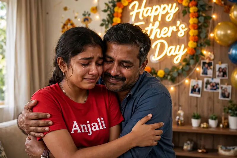 Create a realistic high-quality image of an 18-year-old Indian girl named "Anjali" hugging his 40 year old father, emotional seen, father's day