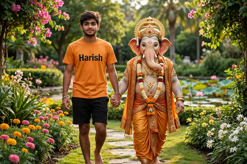 20 year old boy walking and holding hand with Lord Ganesha, boy is bare feet wearing saffron T-shirt with name "Harish" written boldly, environment