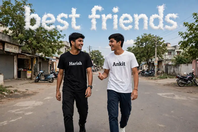 18 years old two indian boys walking on road, they are talking each other with laughing, first boy is wearing black T-shirt, with black pant, with