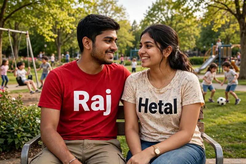 A young Indian couple sitting on a park bench together in a beautiful park. The man, wearing a red t-shirt with his name "Raj" in bold letters