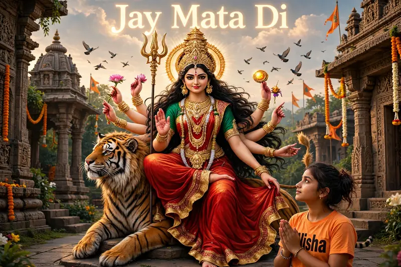 create high quality ultra realistic 3d Image, close up shoot Maa Durga sitting on her tiger ,A 20 year old barefoot Girl worshiping Maa Durga, Girl