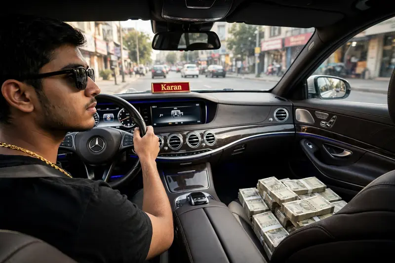 Create a realistic photo of a 20 year old boy driving a mercedes car, interior view of mercedes car, on the car's dashboard name "Karan" is written