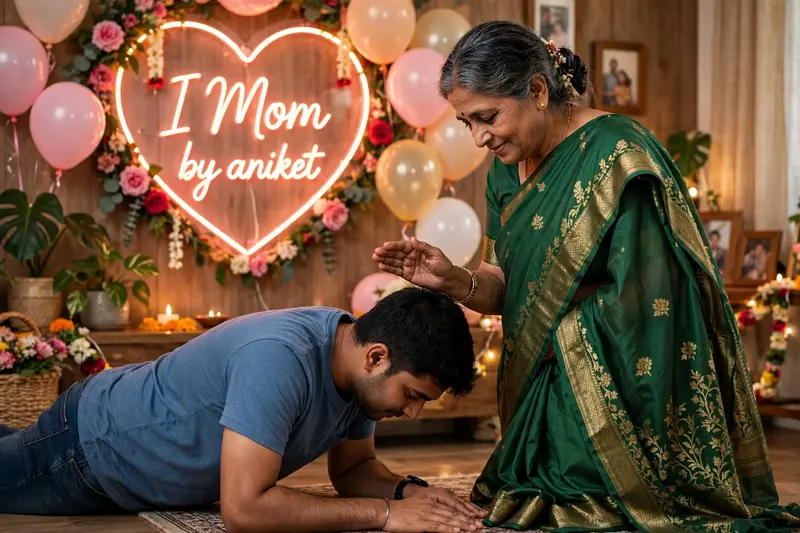 Create a realistic picture of a 55-year Old Mother wearing saree standing and blessing his A realistic picture of 22 year old son falls at his