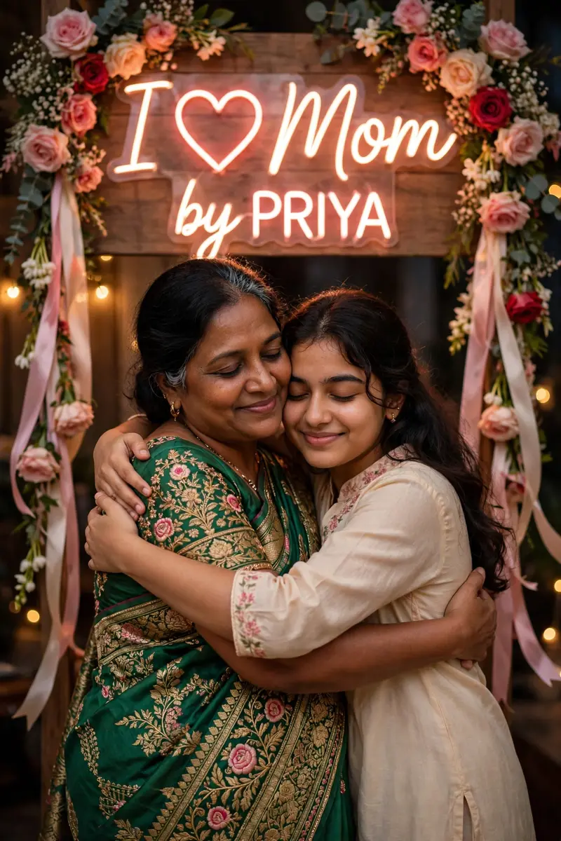 Create a heartwarming, realistic portrait of a 50-year-old mother wearing a beautifully embroidered saree, warmly embracing her 18-year-old daughter