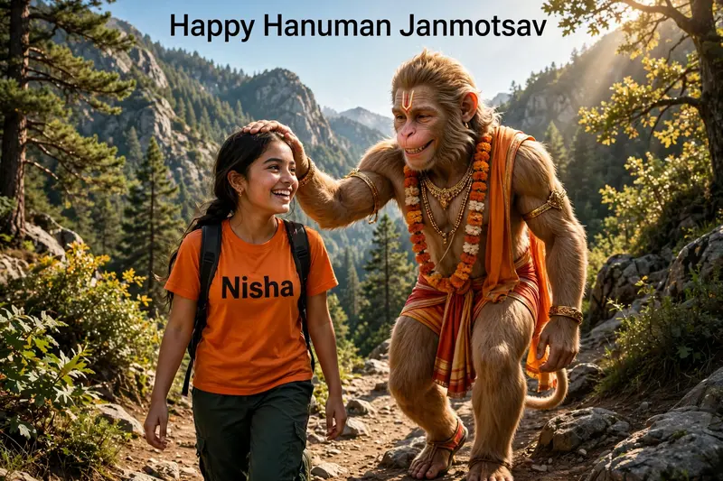 18 years old girl walking and hanuman coming after her and hanuman's hand putting on girl head on mountains. Both are smiling. girl is wearing