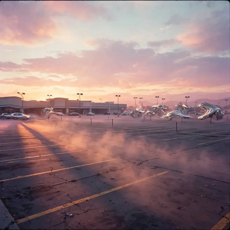 An empty mall parking lot at sunset, heat shimmer turning distant cars into chrome mirages, vaporwave photography, VHS grain, liminal Americana mood
