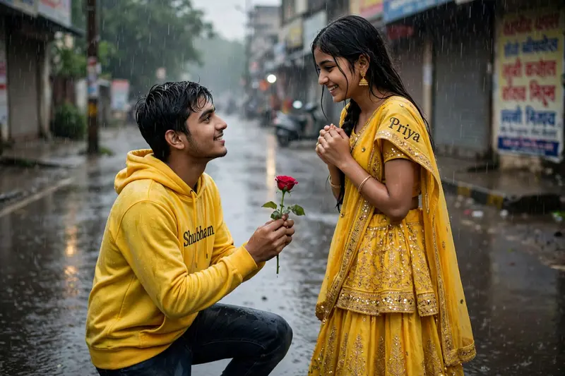 Realistic Indian 21 Year old cute boy proposing on with 16 year beautiful girl in yellow lehenga the road with an and a flower on, wearing a yellow