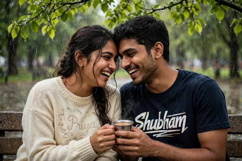 Pooja (24) and Raj (25), huddled together on a park bench, sharing a hot cup of chai as the rain patters on the leaves overhead. Their faces are