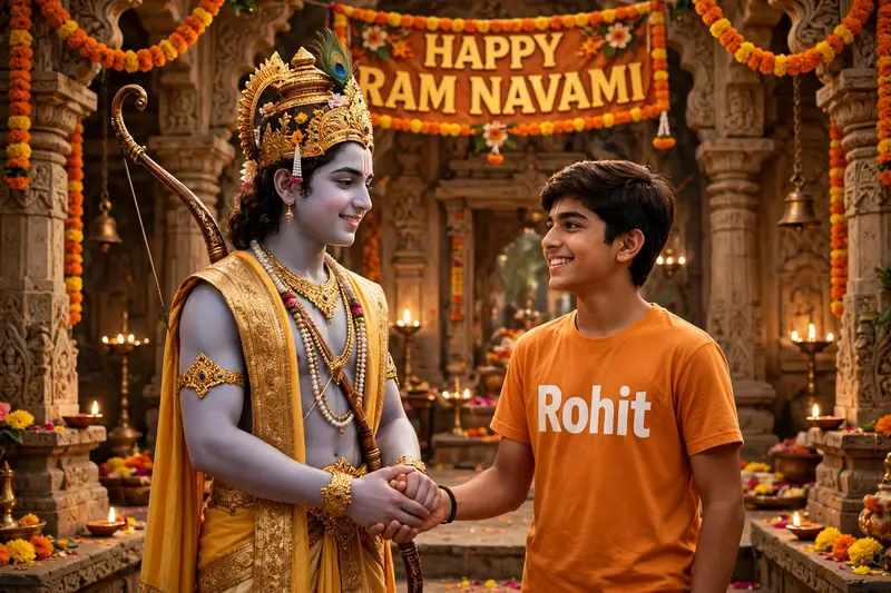 Imagine a picture where young Lord Rama, looking majestic with his bow, is holding hands with a teenage boy named Rohit. boy wearing a