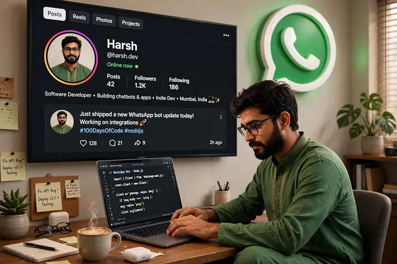 Create a 3D illustration featuring a realistic 26-year-old beautiful Beard boy busy Developing software in front of a 3D logo of “ WhatsApp ” The boy