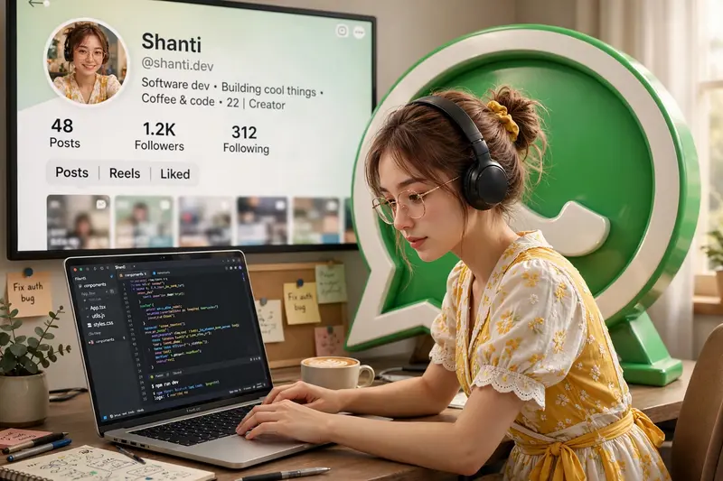 Create a 3D illustration featuring a realistic 22-year-old beautiful girl busy Developing software in front of a 3D logo of “Whatsapp” The girl