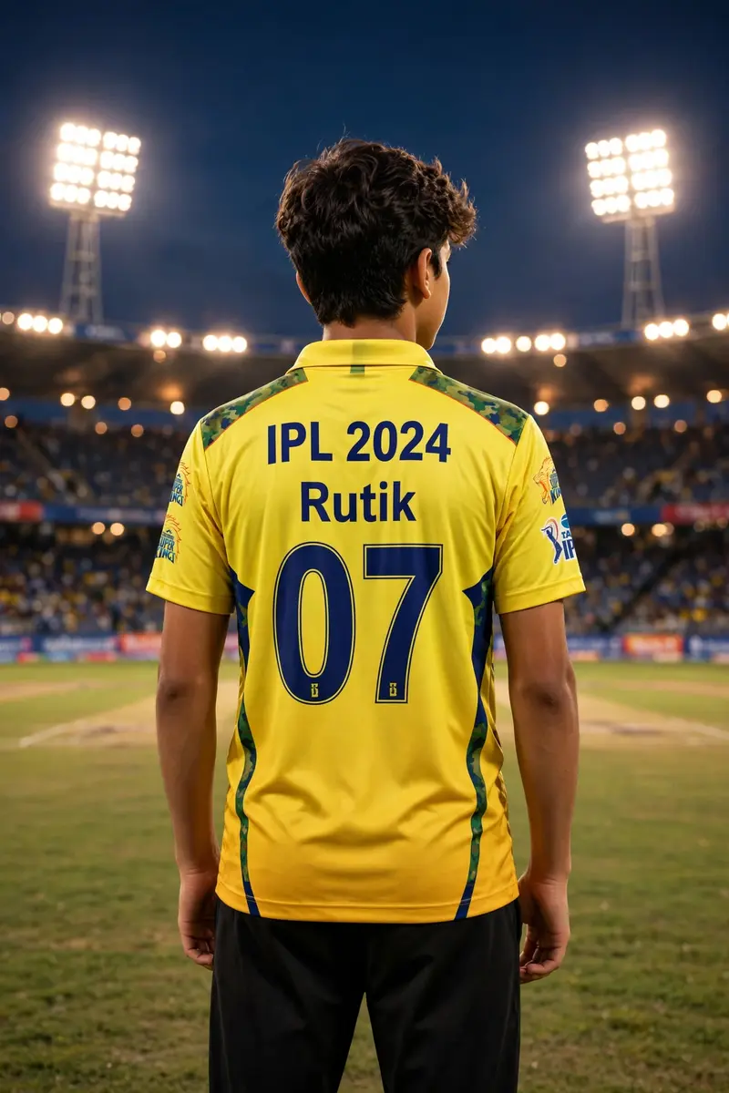 16 years old cute boy standing in cricket field, "IPL 2024" is written on his back, he is wearing jersey of CSK team, name * Rutik" is written on it
