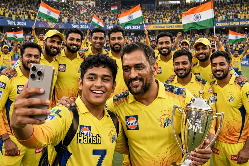 create a realistic image where a 20 Years old IPL fan Young Boy Wearing CSK Team's Jersey With Name “Harish” is written on it, boy standing with