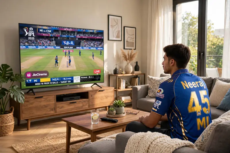 In a spacious, tastefully decorated living room, a lifelike scene unfolds. A young man, approximately 21 years old, engrossed in an IPL match, sits