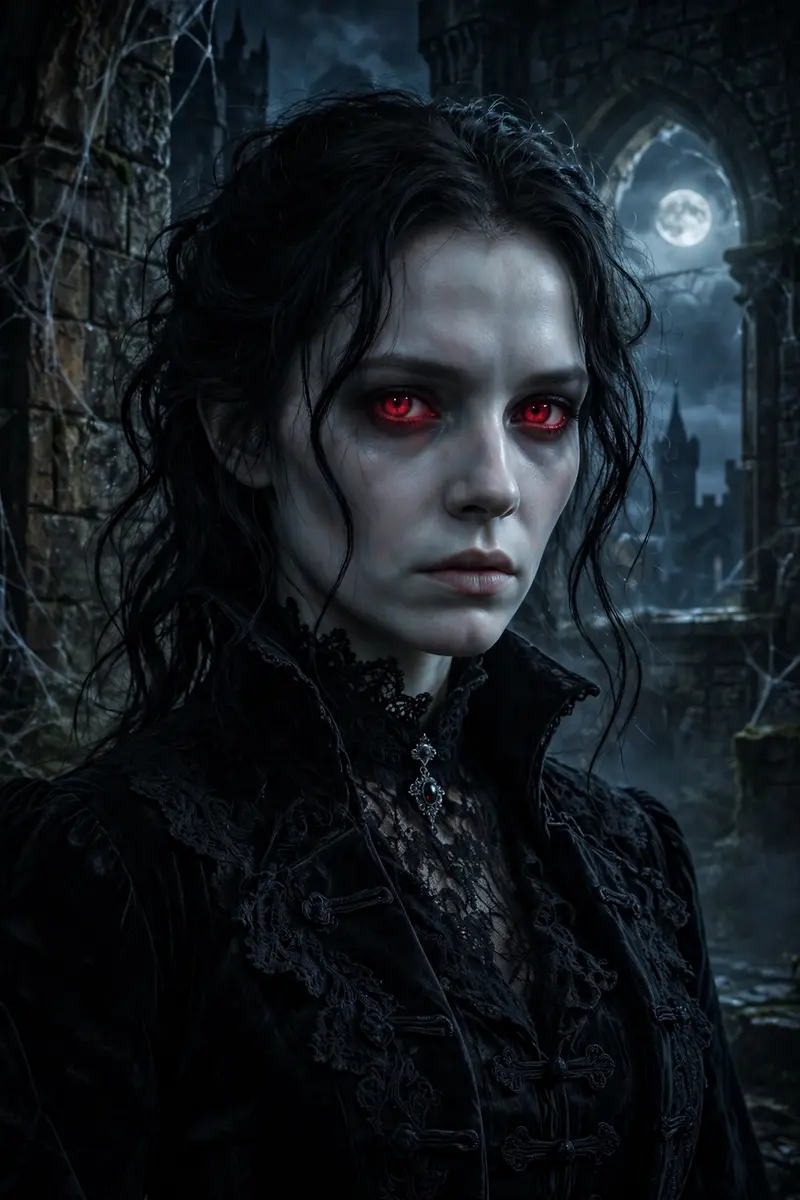 Photorealistic Halloween vampire portrait, pale skin, red eyes, black Victorian coat, gothic castle background with full moon and bats, cinematic moody lighting