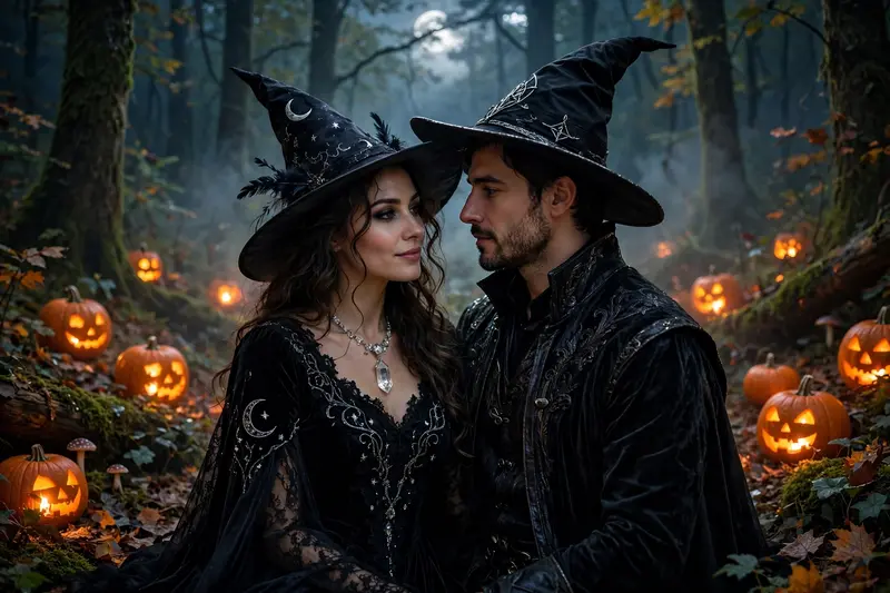 Romantic Halloween witch couple in moonlit forest, woman in witch gown with crystal orb, man in warlock coat with raven, jack-o-lanterns, glowing mist, full moo