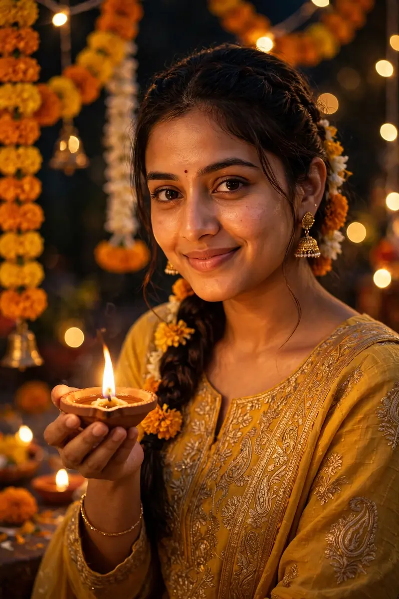 Diwali celebration portrait, person in traditional Indian attire holding lit diya, dozens of glowing diyas, marigold decorations, rangoli patterns, fireworks in